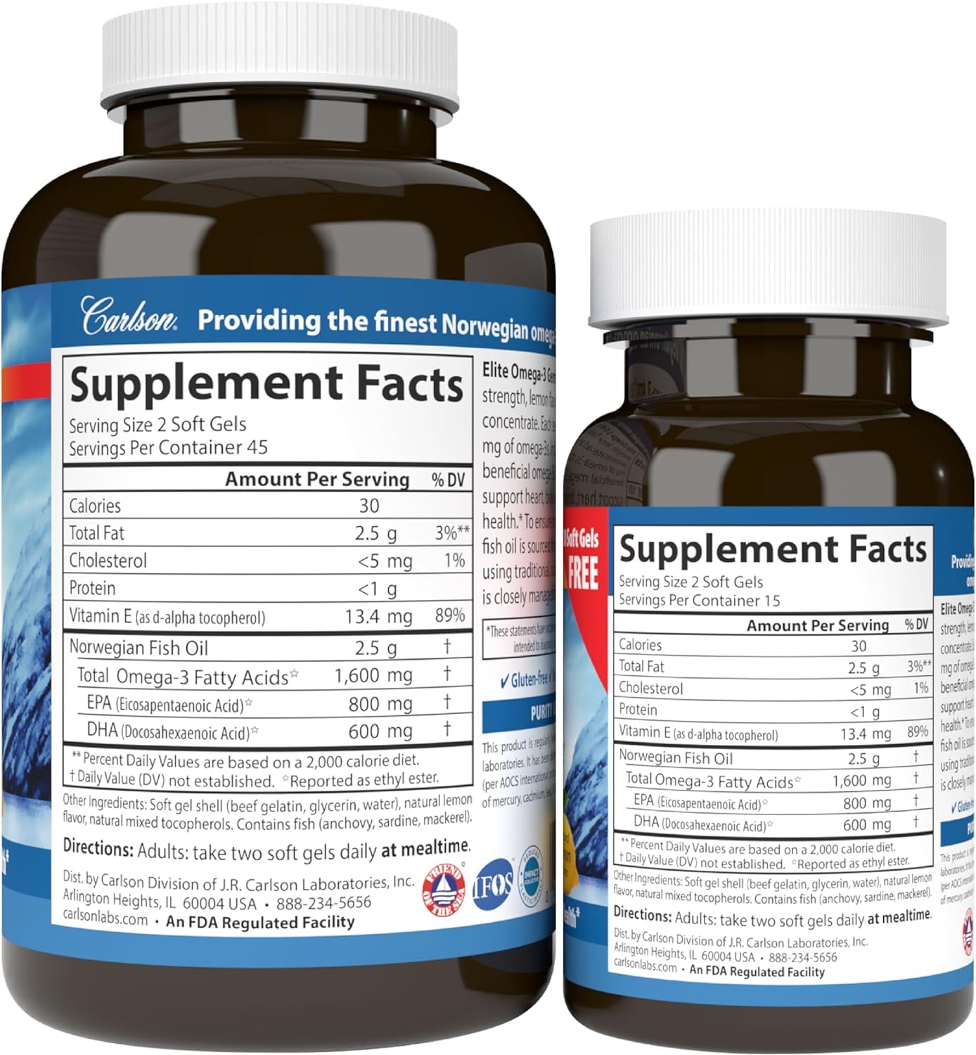 - Elite Omega-3 Gems, 1600 Mg Omega-3 Fatty Acids Including EPA and DHA, Norwegian Fish Oil Supplement, Wild Caught, Sustainably Sourced Fish Oil Capsules, Lemon, 90+30 Softgels