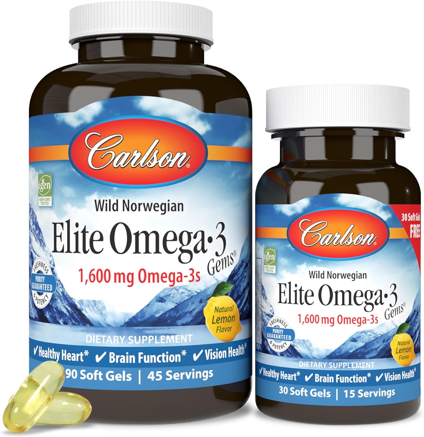- Elite Omega-3 Gems, 1600 Mg Omega-3 Fatty Acids Including EPA and DHA, Norwegian Fish Oil Supplement, Wild Caught, Sustainably Sourced Fish Oil Capsules, Lemon, 90+30 Softgels